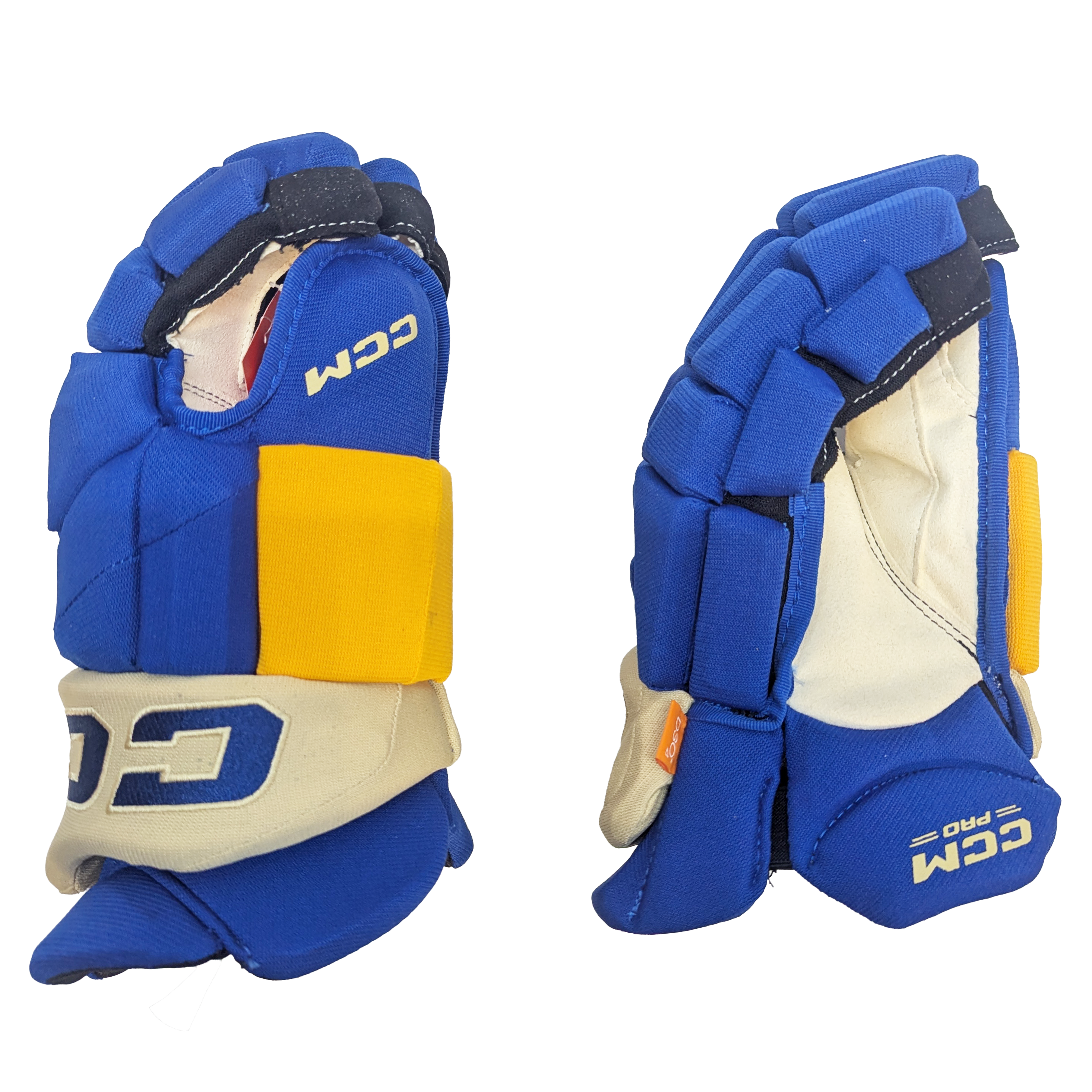 CCM HGJS - Gant NHL Pro Stock - Alternatif des Blues de St. Louis (Bleu/Jaune/Crème)